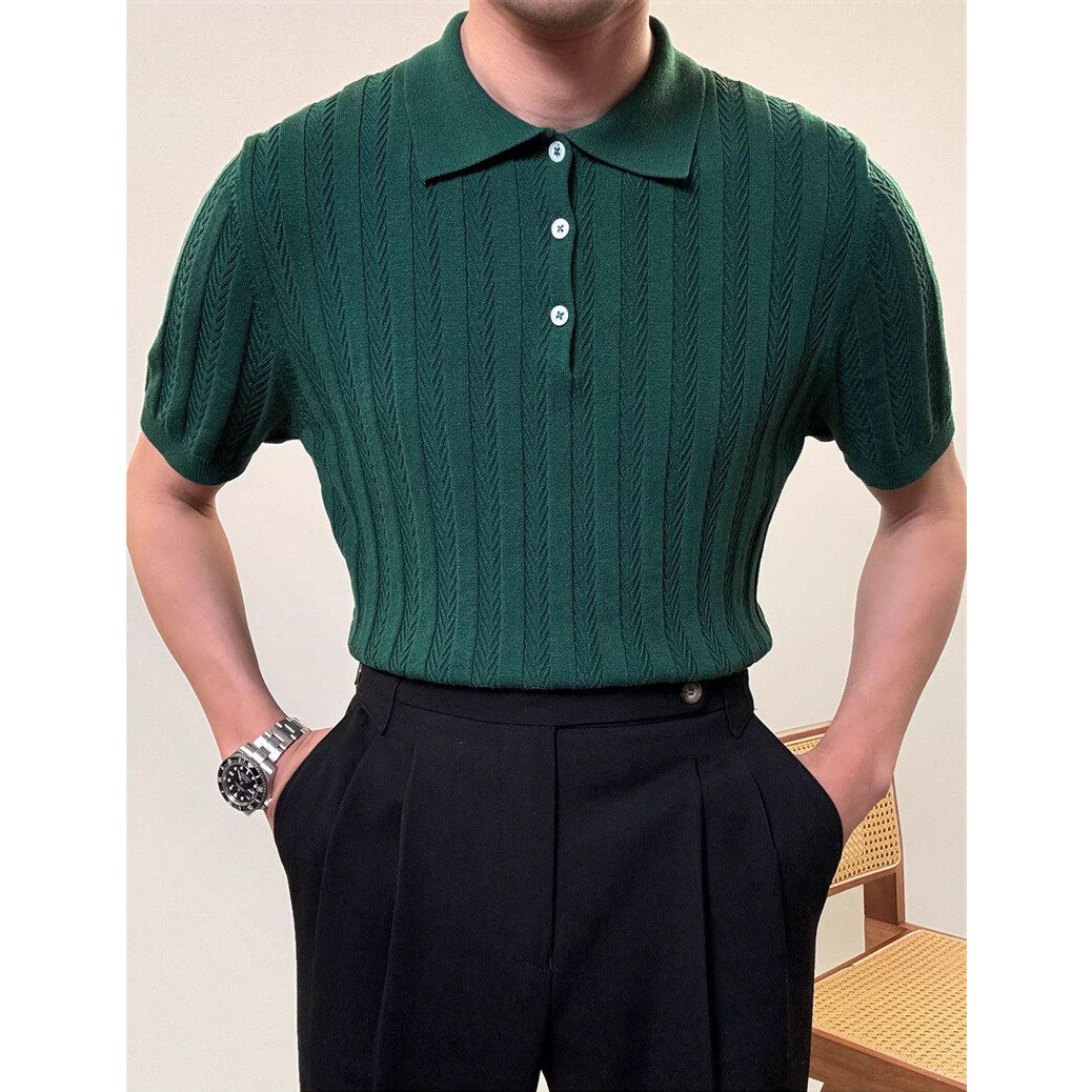 Polo camiseta de punto camiseta de manga corta hombre hueso de pescado estampado antiguo viento delgado camiseta de hielo seda de verano fábrica transfronteriza al por mayor