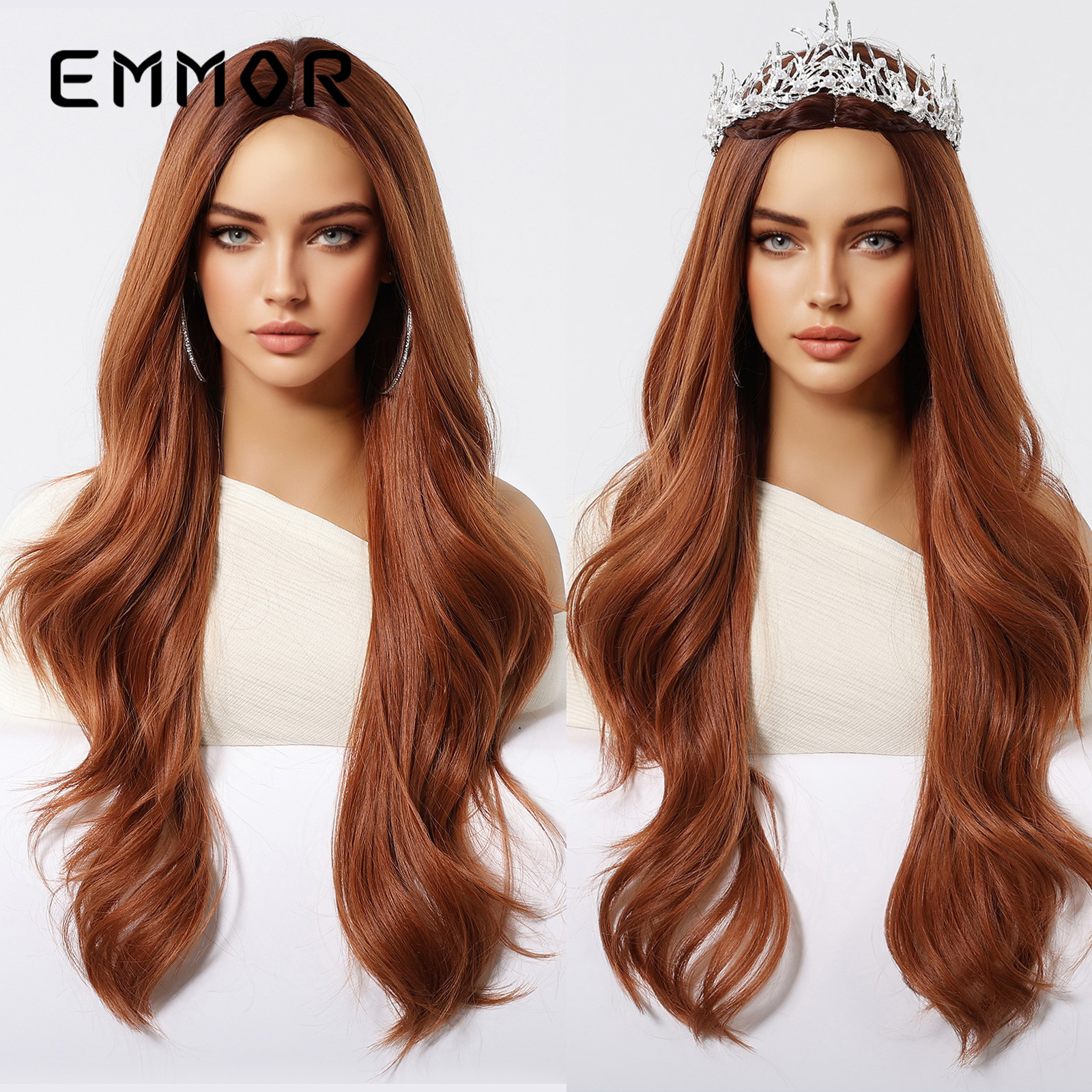 EMMOR Amazon Comercio exterior transfronterizo Venta caliente Modelo de corte medio, ondas grandes, cabello largo y rizado, peluca naranja sucia, tipo de cabello completo