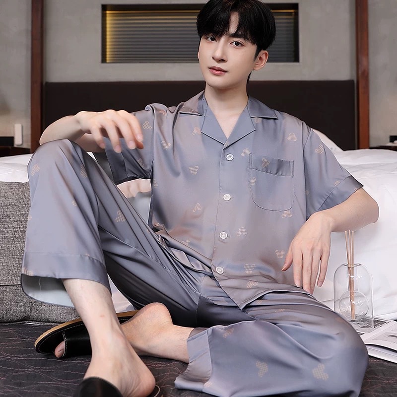 남성용 잠옷 여름 얼음 실크 반팔 바지 2025 새로운 여름 얇은 실크 여름 가정 의류