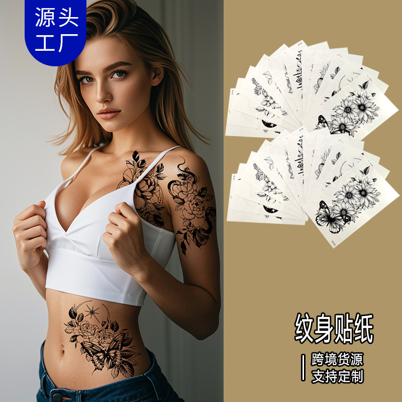Dark Floral Butterfly Snake Tattoo Stickers Waterproof and Sweat-Proof Long-Lasting Realistic Flower Arm Semi-Permanent Temporary Tattoo Stickers