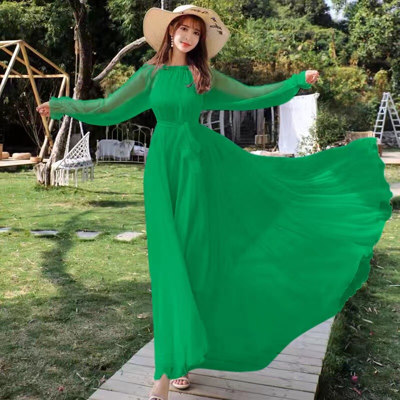Beach Skirt Chiffon Extra Long Fairy Long Skirt Large Hem Spring and Autumn Skirt Long Sleeves Loose Lace-Up Slim and Beautiful Dress