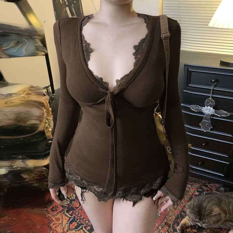 Low Price Clearance Sale # Foreign Trade Pure Desire Sexy V-Neck T-Shirt with Elegant Lace Splicing and Retro Bow Tie Top. Low Price Clearance Sale # Foreign Trade Pure Desire Sexy V-Neck T-Shirt with Elegant Lace Splicing and Retro Bow Tie Top.