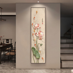 九魚図玄関装飾画高級廊下通路掛け絵新中国式ハスの花縦版狭い長条茶室壁画