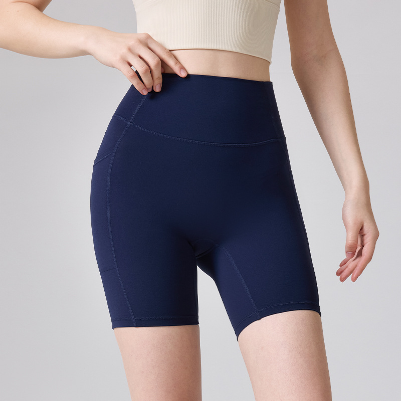 Verano nuevo N66 Laica alto elástico ángulo plano pantalones cortos de yoga apretados bolsillos grandes dobles cintura y abdomen para elevar el estómago
