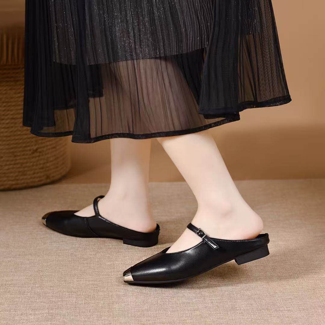 Dép sandal nữ quai chữ V mũi nhọn đế bệt da thật — màu đen chi tiết 7