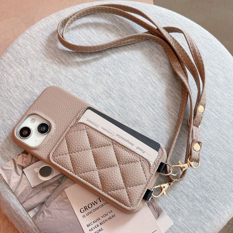 Suitable for Iphone17Promax Card-Inserting Phone Case, Samsung S25 Small Chanel-Style Crossbody Shoulder Strap, S24 Protective Leather Case