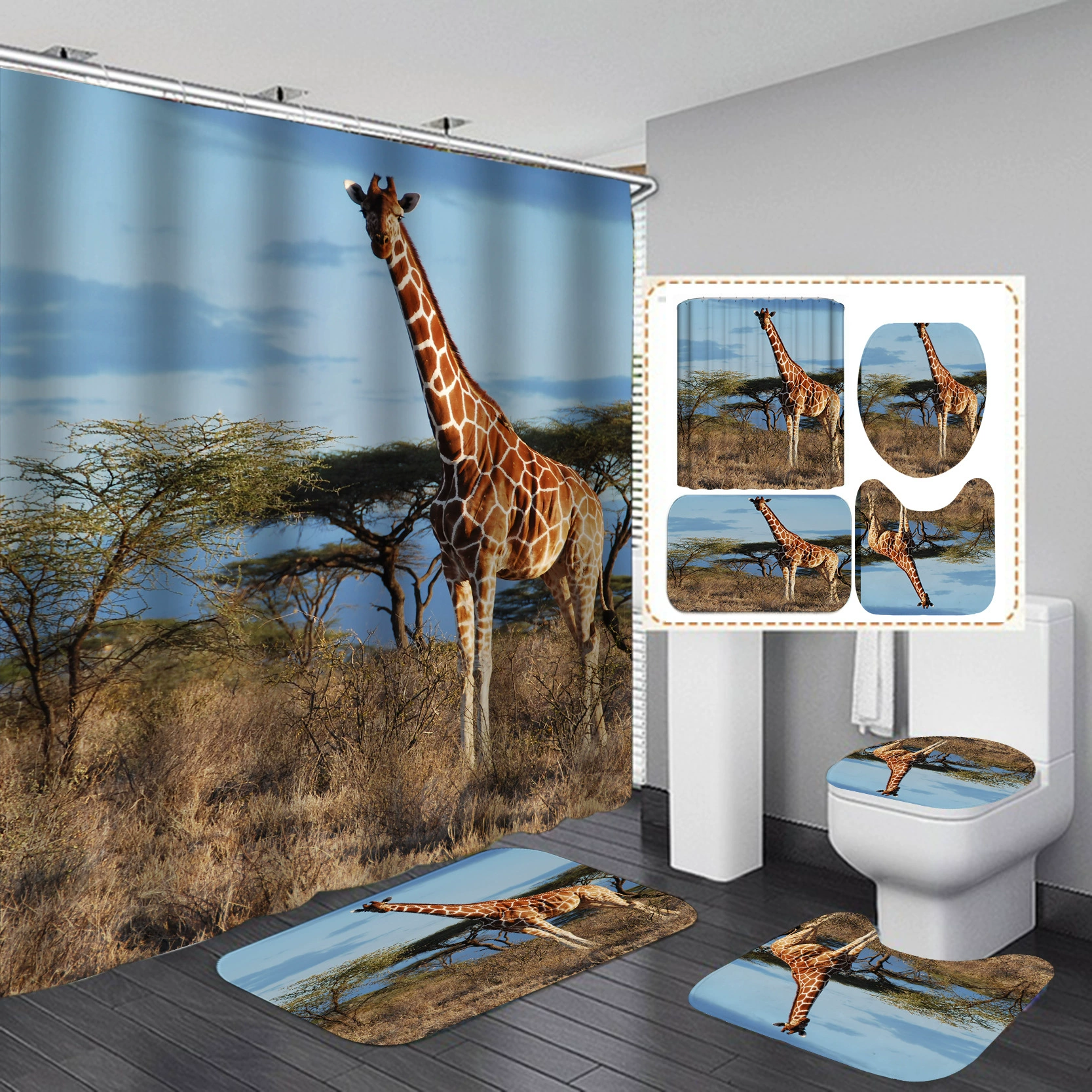 Manufacturer wholesale high-definition shower curtain four-piece set Giraffe waterproof punch-free bathroom partition curtain hotel rain curtain