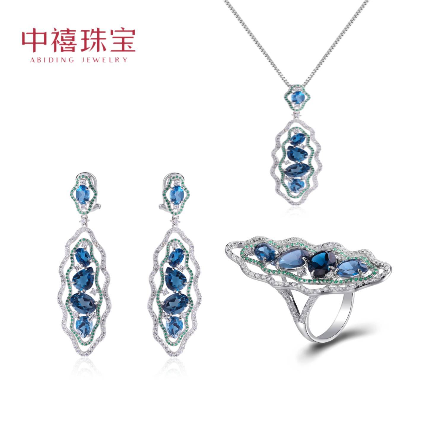 Original design senior colour gemstone jewelry suit Sterling Silver natural Topaz Necklace Pendant Earrings Ring