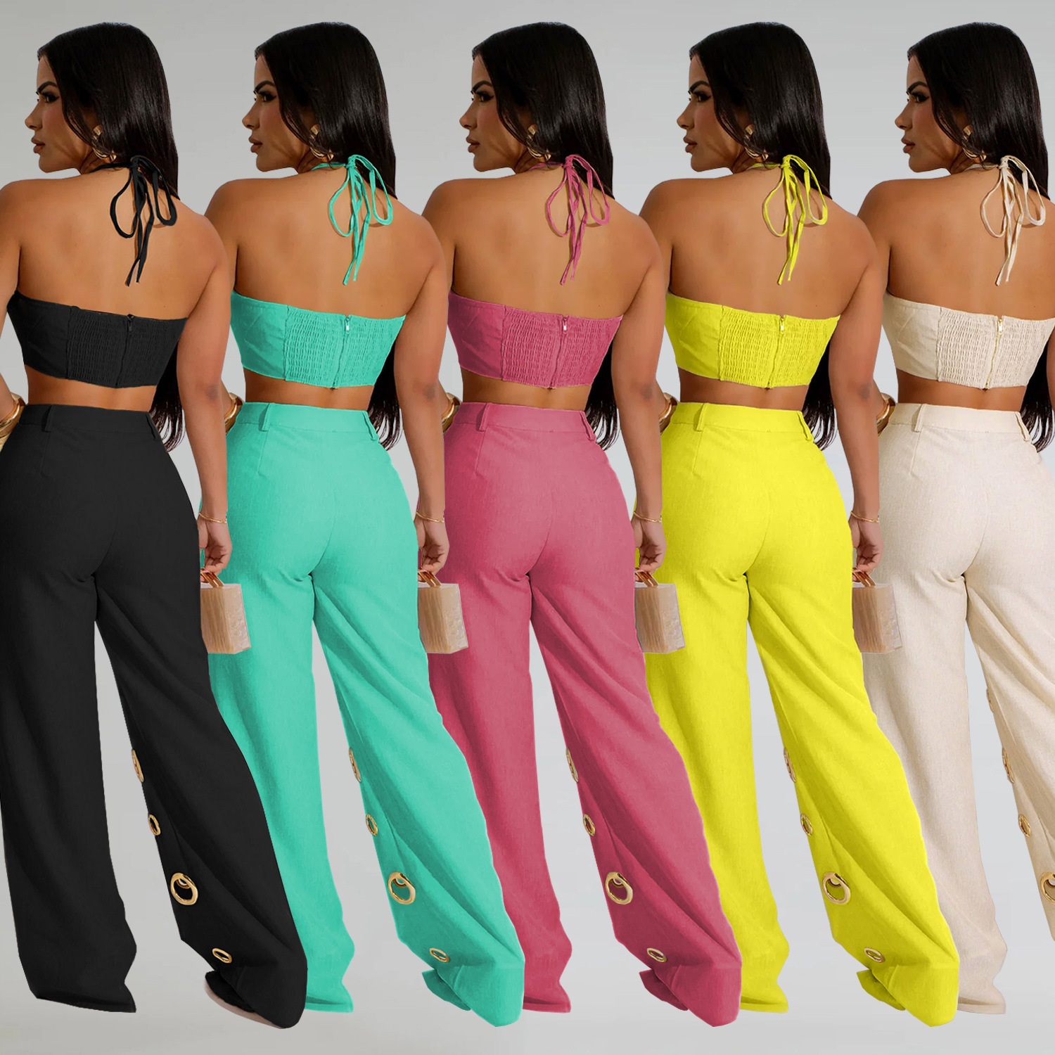 C7313 Cross-border AliExpress Amazon Moda europea y americana Pantalones de dos piezas con hebilla de metal de callos sexy para mujer Nuevo image 3