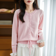 2025年秋冬新款纯羊毛圆领针织开衫长袖女蕾丝边设计感上衣外套