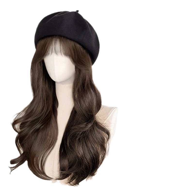 Peruca sombrero de mujer otoño invierno 2024 nueva boina de moda simulación natural cabello completo cabello largo flojo