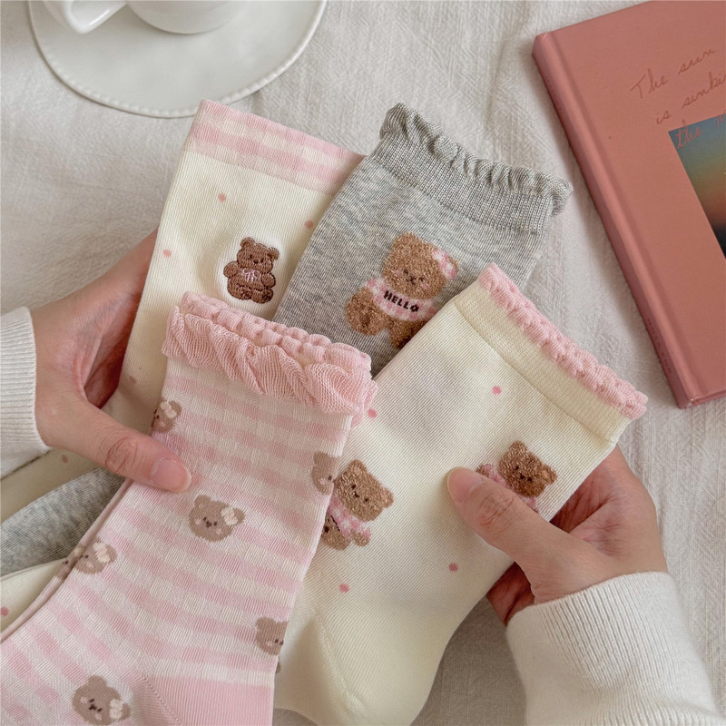 Korean-style cute bear mid-calf women's socks, pink and white plaid with lace trim, versatile and adorable socks for students, ALICE&ANDY Korean-style cute bear mid-calf women's socks, pink and white plaid with lace trim, versatile and adorable socks for students, ALICE&ANDY