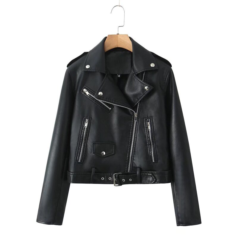 European and American Cross-Border Pu Leather Jacket Women's Street Fashion Motorcycle Style Diagonal Zipper Flap Pocket Pants Decorative Imitation Leather Jacket