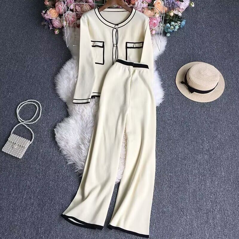 Damenbekleidung, modischer, lässiger Strickanzug für Herbst und Winter, langärmeliges Strickjackenoberteil, weite Hose, zweiteiliges Strickset für Damen_voghion.com