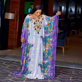 2023年 速卖通中东亮片印花 雪纺宽松长袍 非洲女装 连衣裙袍子女