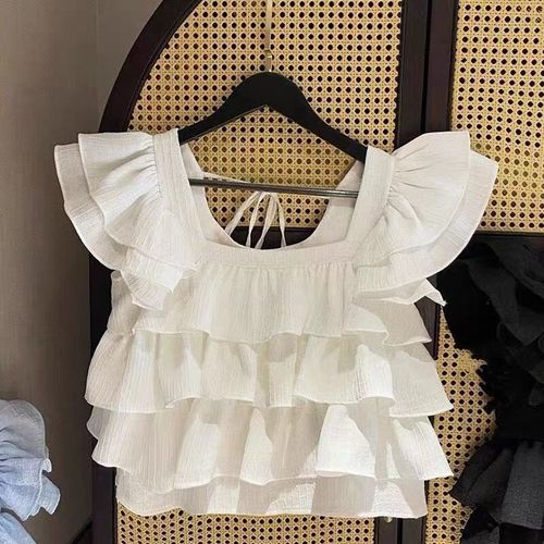 Girls' Summer Vest, Korean-style Fashionable Ruffled Cake-Design Flared-sleeve Shirt—Solid-color Top for Older Kids and Teens