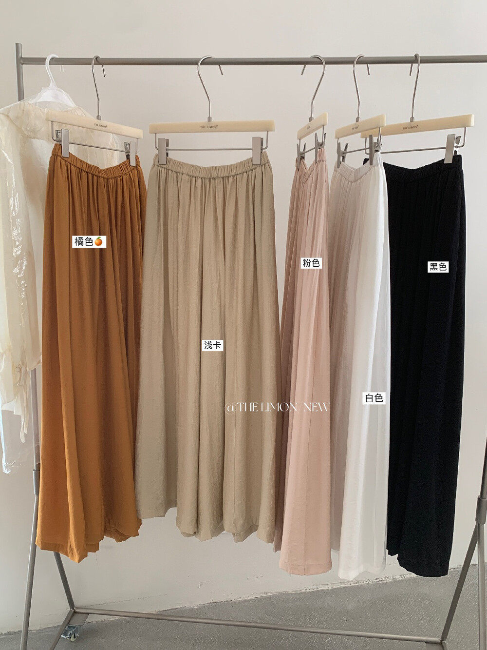 Quần culottes nữ ống rộng cạp cao thiết kế nhún eo phong cách thoải mái — Thẻ nông, màu đen, màu hồng, màu cam chi tiết 3