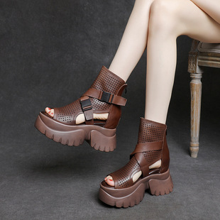 Fish-mouth Sandals Women's 2024 New Summer Genuine Leather Hollow Retro Cowhide Sandals High Heel Wedge Thick-soled Ankle Boots