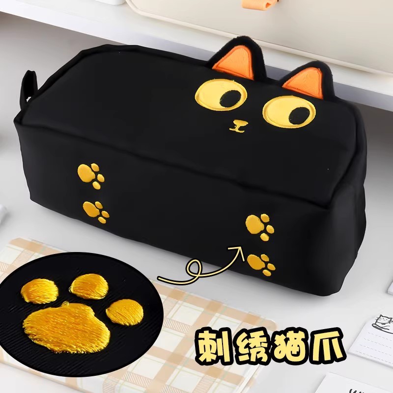 立体的なかわいい小さな黒猫ぬいぐるみ刺繍大容量筆箱小学生ポータブル収納袋文具箱|undefined
