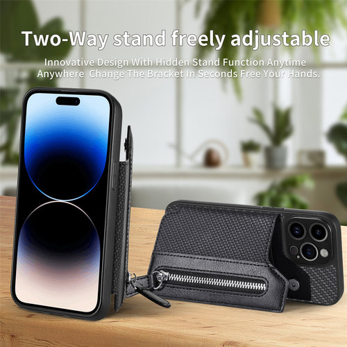 Carbon fiber pattern suitable for Apple 14 Pro Max phone case with wallet, iPhone 13 card holder stand phone shell