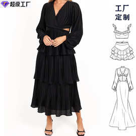 东莞虎门工厂定制跨境女士长袖及踝黑色荷叶边长袖连衣裙