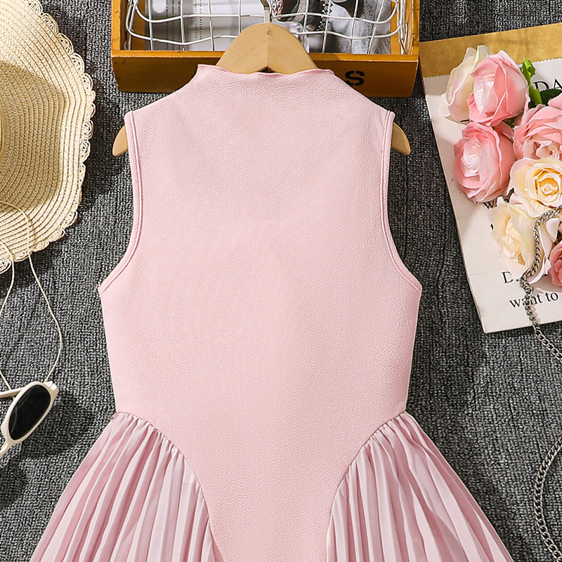 Girls' Elegant Pleated Patchwork Dress With Waist Support Stand Collar Style Summer New Popular Dress For Young Girls 8-16 Years_voghion.com