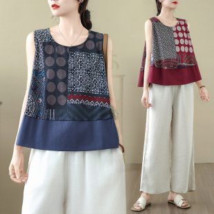 In-Stock Cotton and Linen Polka Dot A-Line Sleeveless Vest for Women 2025 Summer Loose Artistic Style Age-Reducing Casual Babydoll Top for Women