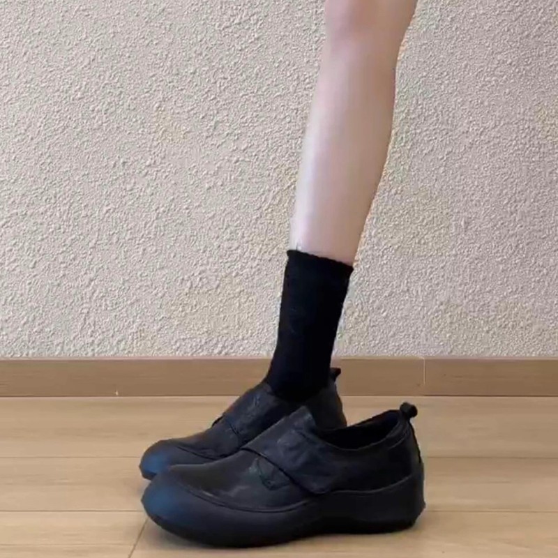羊皮~复古圆头厚底真皮黑色小皮鞋女休闲运动魔术贴通勤舒适单鞋|undefined
