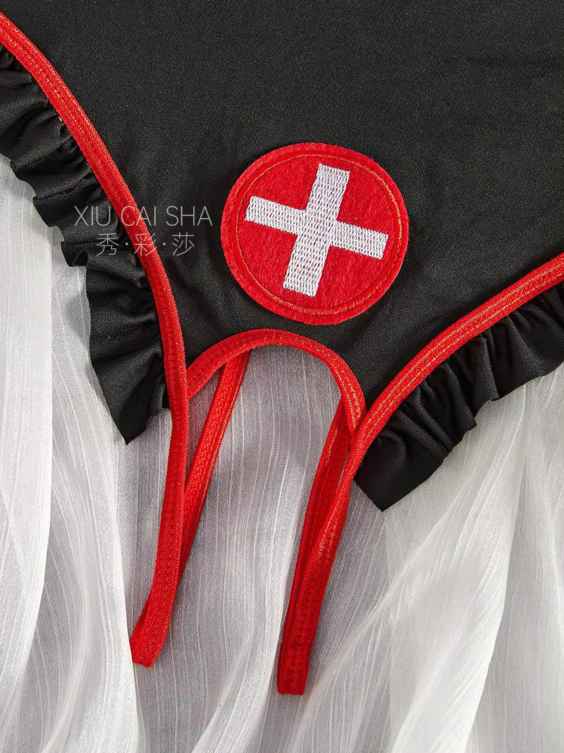 Nurse Role-Play Costume Set with Open Jumpsuit, Headpiece and Black Stockings — detail image 18
