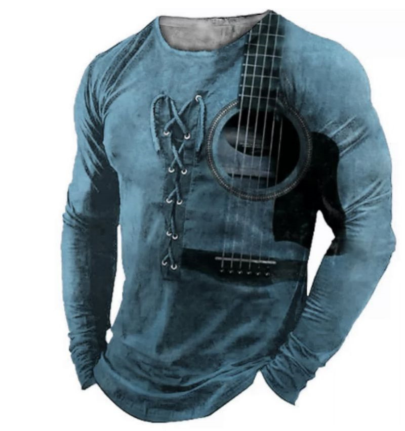2022 retro hombres 3D digital placket abierto de siete botones Camiseta de manga larga de los hombres de guitarra patrón transfronterizo estación independiente