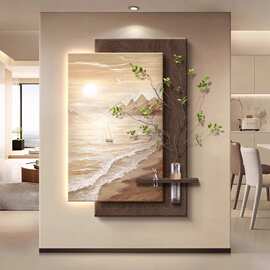 海景玄关侘寂风装饰画带灯水培绿植客厅走廊过道壁画2025新款挂画