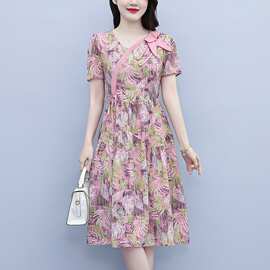 专柜夏季女真丝连衣裙洋气桑蚕丝小个子时髦印花百搭收腰妈妈裙子