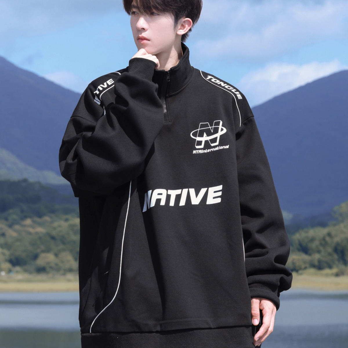 Casual 2024 tendencia de la moda suéter con media cremallera a juego de colores, traje de motocicleta, traje de carreras, chaqueta de tendencia para hombres y mujeres