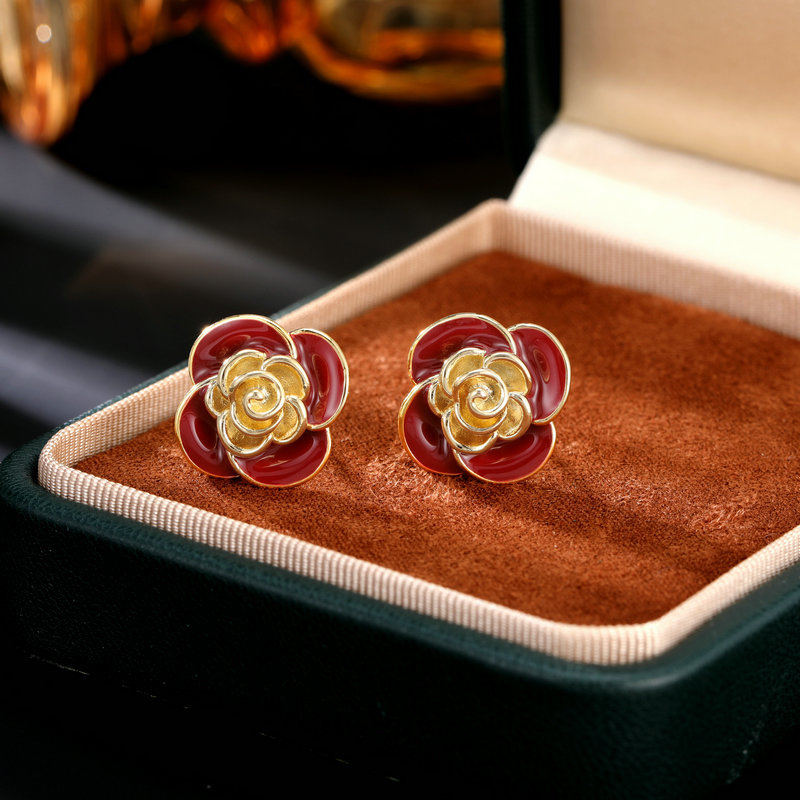 S925 Silver Needle Niche Premium Flower Earrings Ankola Red Camellia Stud Earrings_voghion.com