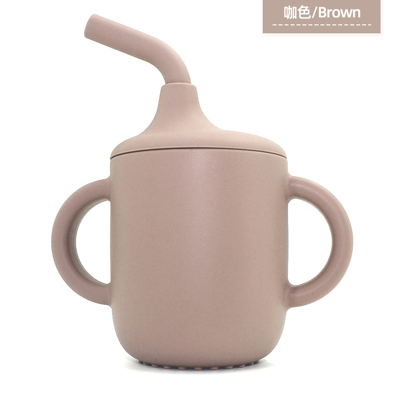 Taza de agua de silicona para niños, taza para aprender a beber, taza de agua con mango doble, taza de paja a prueba de caídas y fugas para bebés, taza de agua con dos orejas para beber directamente