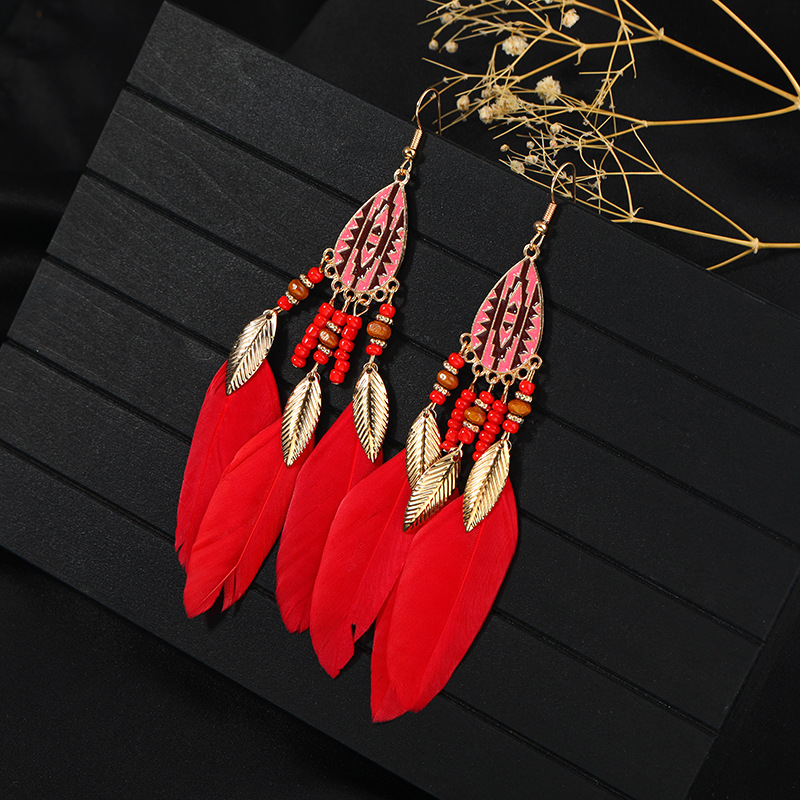 1 Pair Chinoiserie Ethnic Style Classic Style Water Droplets Tassel Alloy Feather Drop Earrings display picture 4