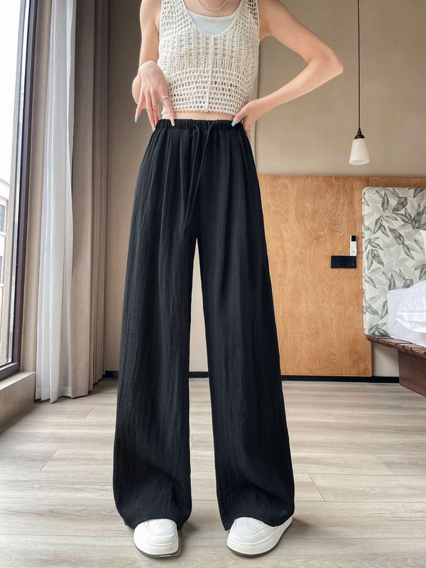 女性用のレイジーリラックスコットンとリネンのワイドレッグパンツ、ハイエンドのホワイトリネンパンツ、夏用の薄い伸縮性ウエストカジュアルフロアレングスパンツ|undefined