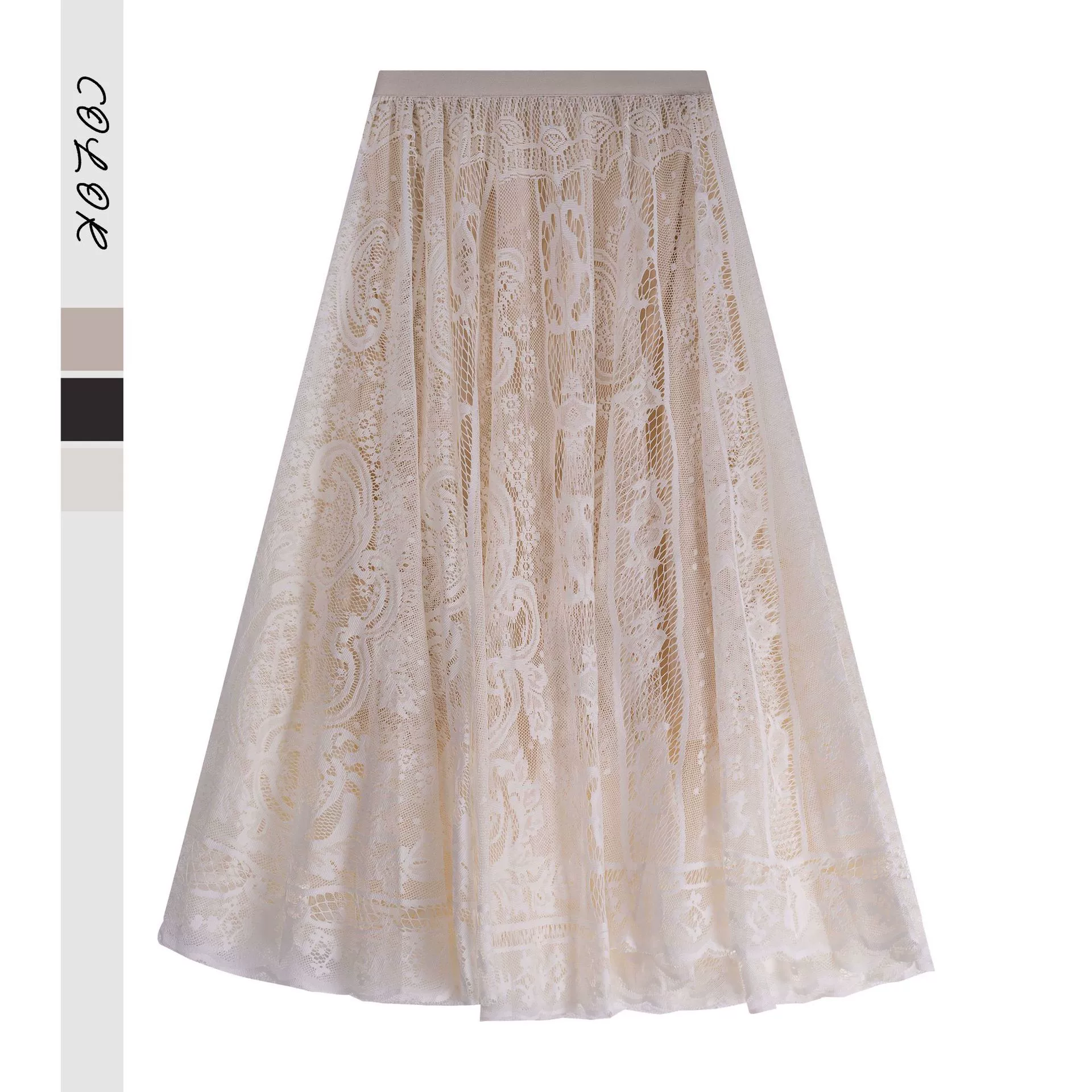 Французская кружевная юбка для женщин, новинка весны-лета 2025, юбка А-силуэта средней длины с широким подолом, сетчатая ажурная плиссированная юбка в стиле феи