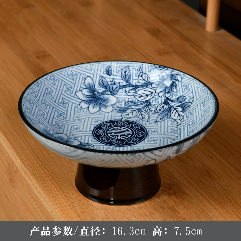青花磁器高脚果盤中国式陶磁器茶点盤乾ナッツ菓子大サイズ果物盤功盤茶室レストラン|undefined