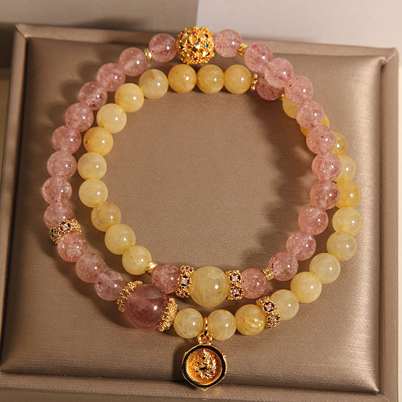 Pulsera de doble círculo de cristal de torre amarilla natural Pulsera de pulsera de transferencia de suerte de cristal de fresa de nicho de lujo ligero para mujer