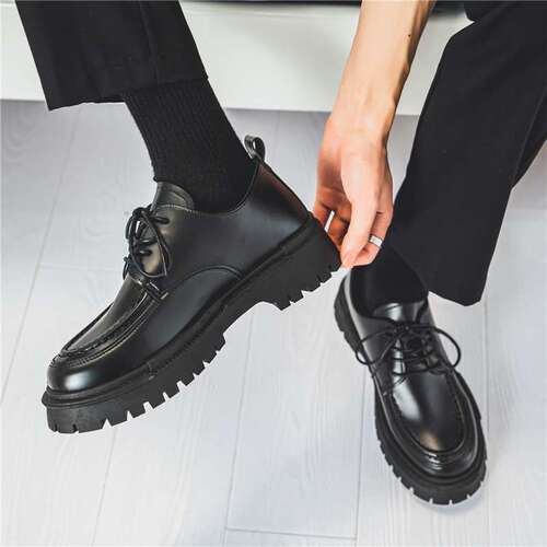 Men's Autumn/Winter New Black Round Toe Heeled Student Laced Leather Shoes Korean Style Blue Casual Shoes