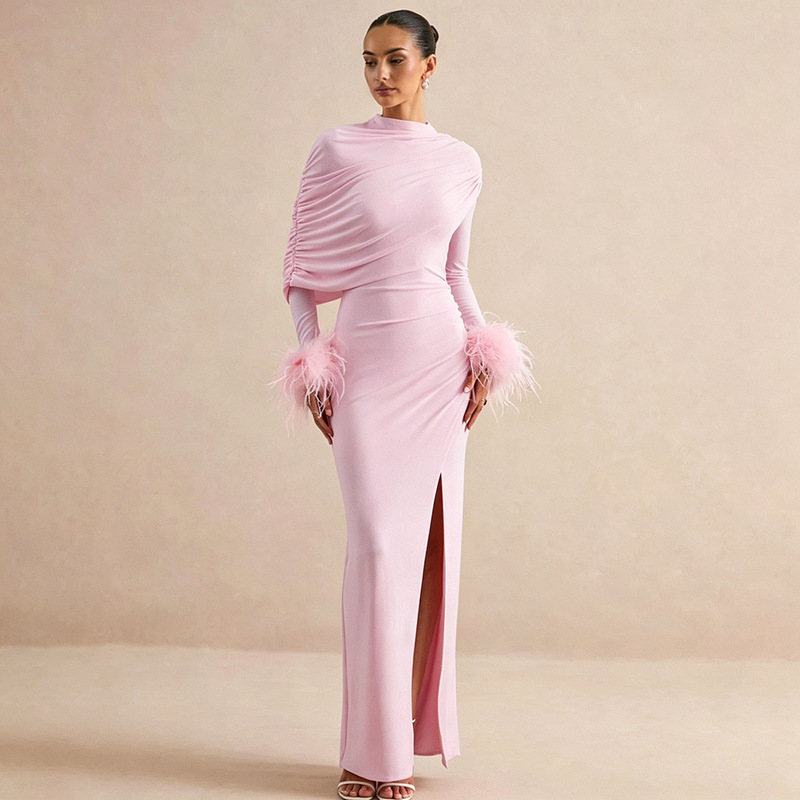 Cross-border 2026 Autumn New Women's Elegant Solid Color Shawl Design Feather Sleeve Waist-Cinching Slit Dress