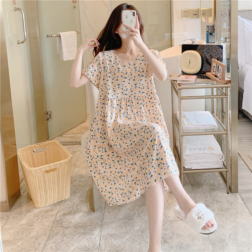 Cotton-Silk Sleep Dress for Women, Summer Short Sleeve Loose Plus Size Cotton Pajamas, Spring and Autumn High-End Printed Air Conditioning Clothes Homecoming Dress