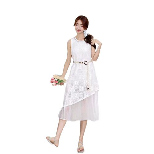 2025 Shell Decoration Lace-Panel Fake Two-Piece Mid-Length Sleeveless Dress with Belt, Elegant Summer Wear