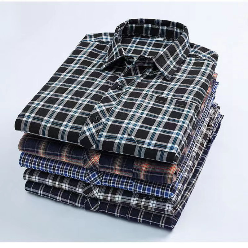 Spring Clothing for Middle-Aged and Elderly Men, Long-Sleeved Shirts, Loose-Fitting Dad-Style Shirts for Spring and Autumn, Large Size Plaid Shirts with Real Pockets and Turn-Down Collars
