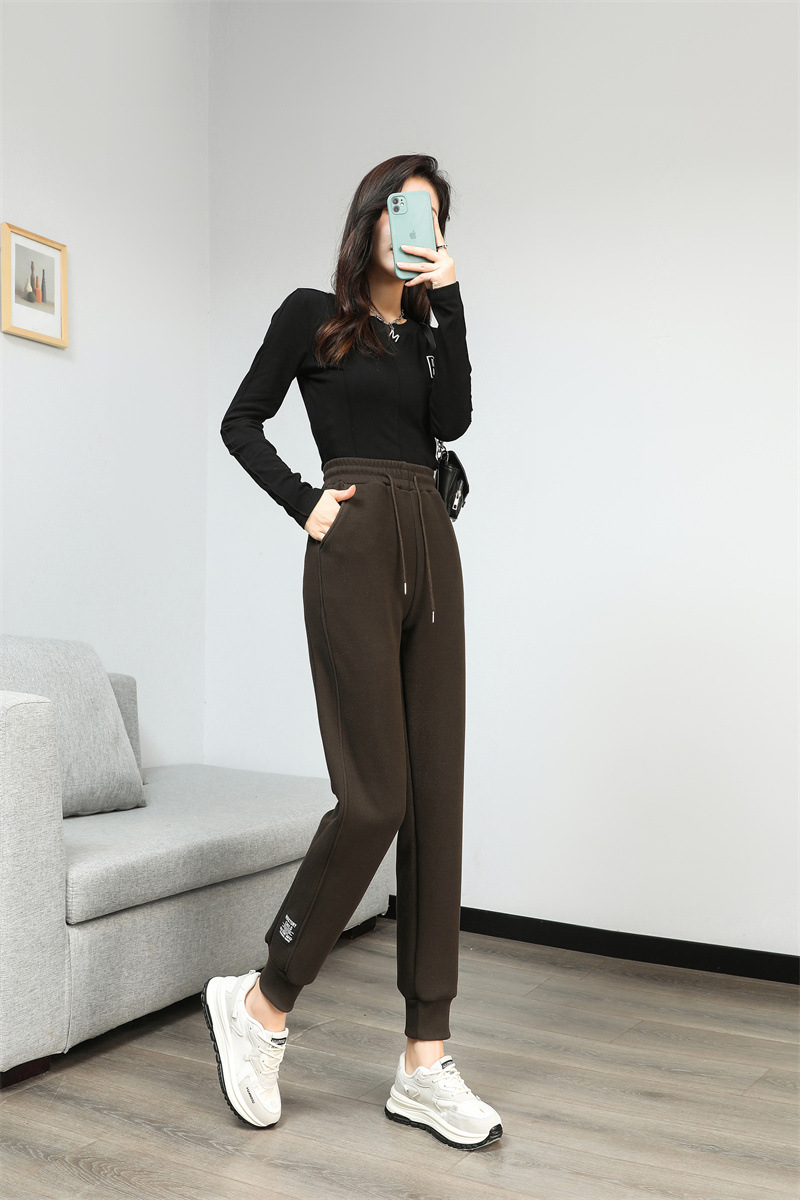 法米姿 羊羔绒运动加绒裤女新款加厚卫裤高腰显瘦束脚休闲裤哈伦