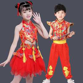 儿童打鼓服演出服中国风腰鼓队服装说唱中国红舞蹈喜庆幼儿表演服