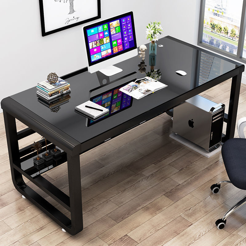 U-Shaped Computer Desktop Table for Home Use, Tempered Glass Office Writing Desk with Storage Rack, Student Desk