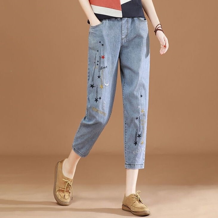 2025 Thin High-Waisted Harem Pants Versatile New Summer Elastic Slimming Jeans for Women Cropped Ethnic Style Embroidery