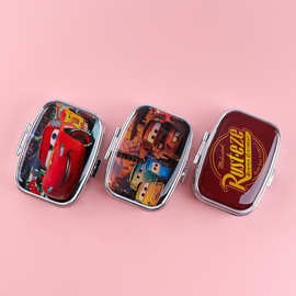 汽车动画便携式合金药盒分格两格收纳盒化妆镜折叠避光密封药丸盒